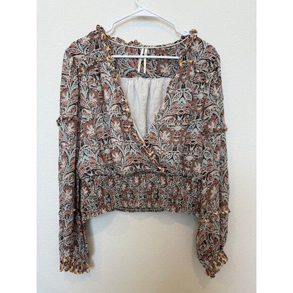 by Anthropologie Printed Paisley Ruffle Blouse V Neck Large - Picture 1 of 8